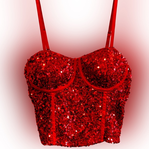 Med 8-10 Sexy Sequin Bling Bling Red Bustier Corset Top Adjustable Straps NWT - Picture 1 of 2